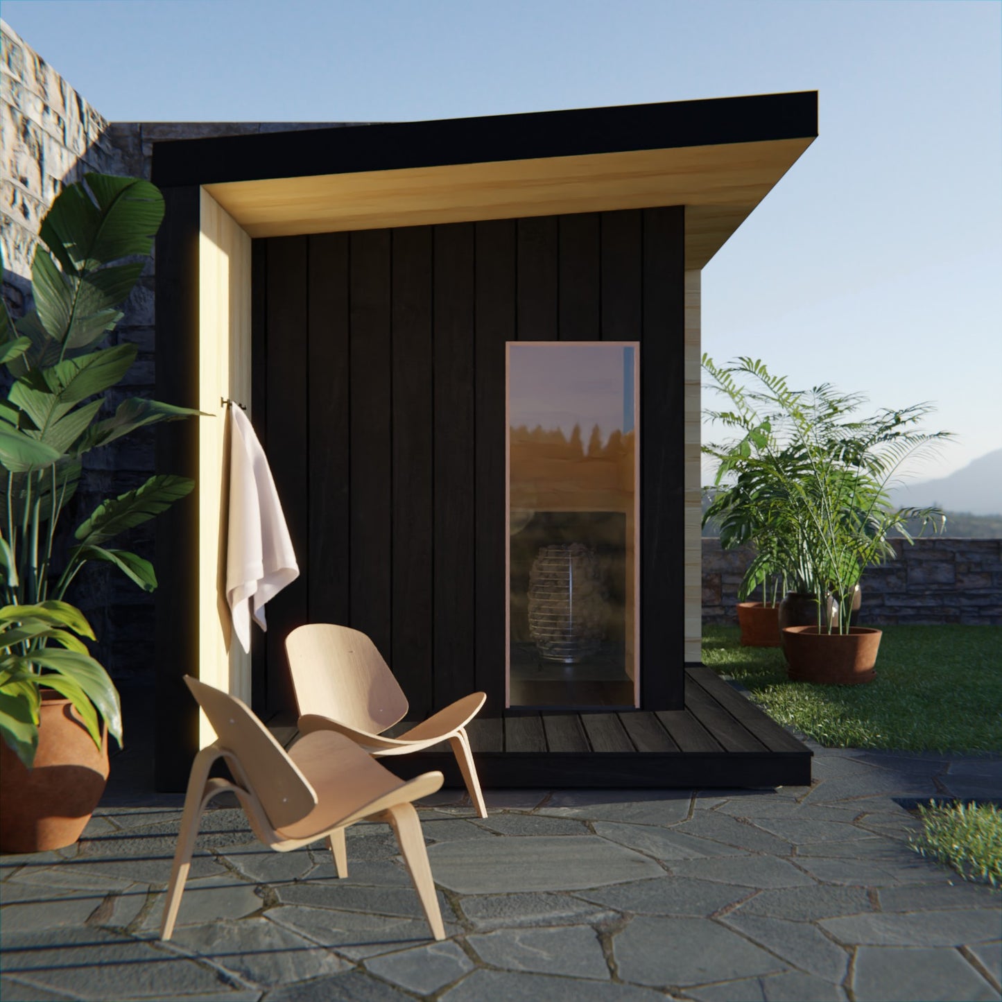 Liv outdoor garden sauna - render view towards entrance