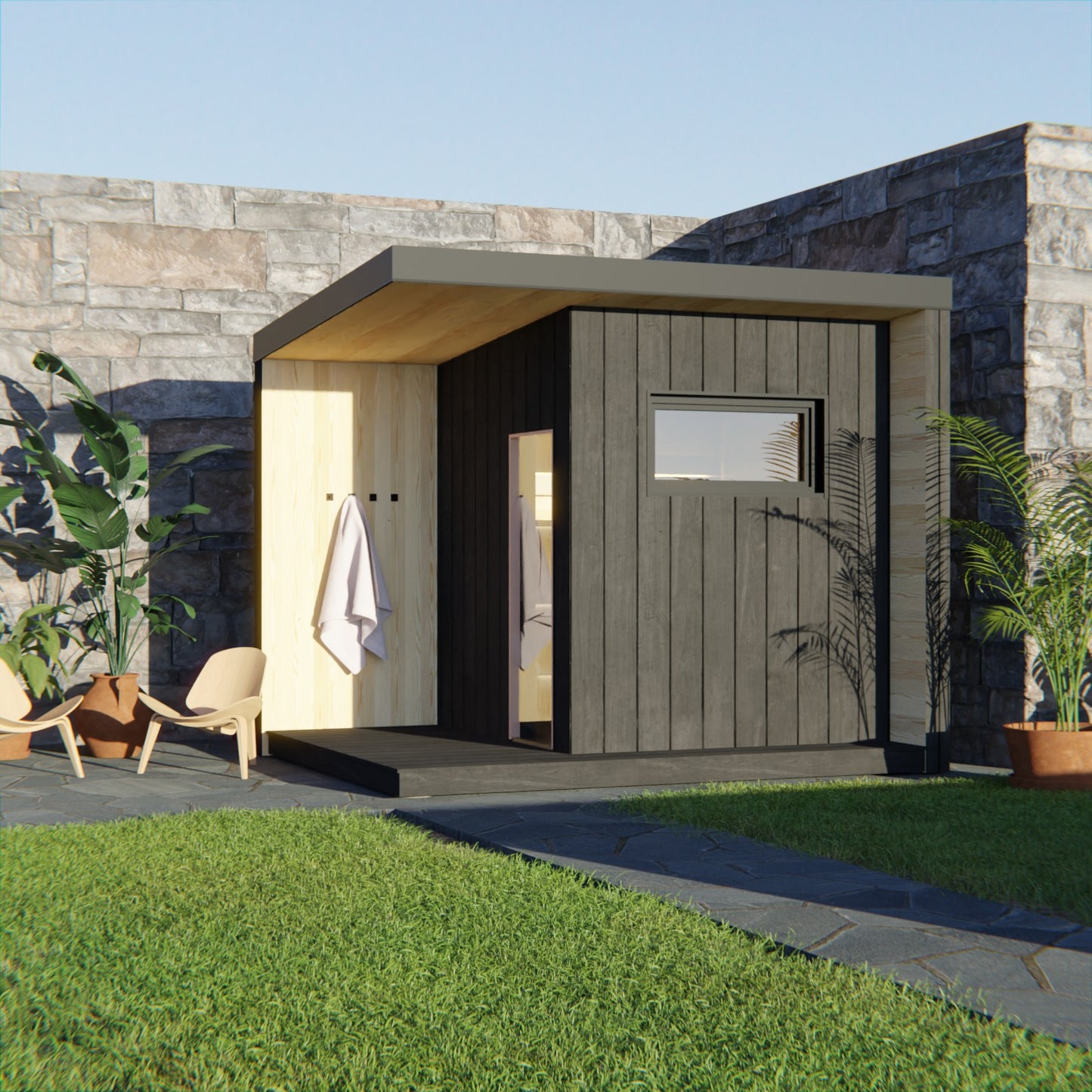 Liv outdoor garden sauna - front view render