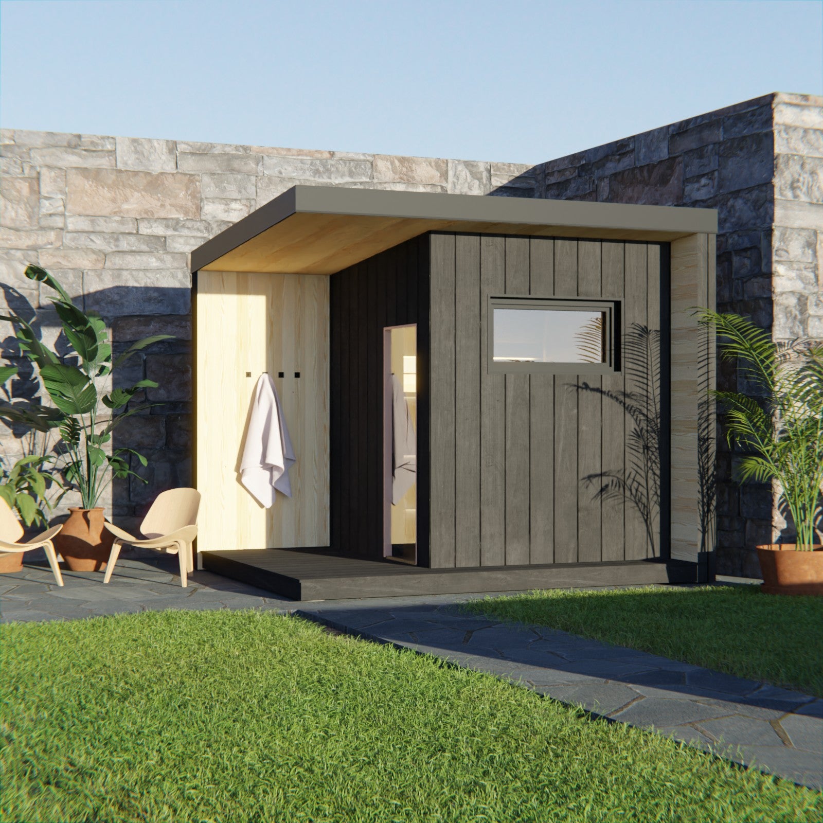 Liv outdoor garden sauna - front view render