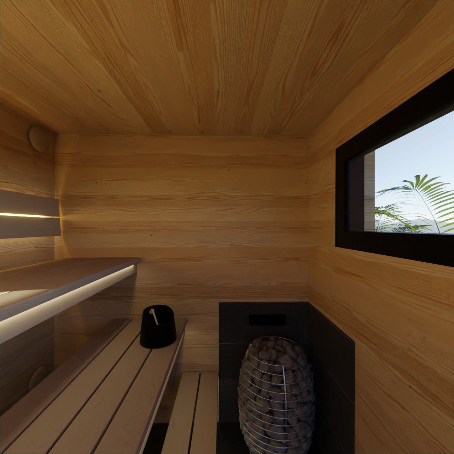 Liv outdoor garden sauna interior - pine benches with LED lighting and heater