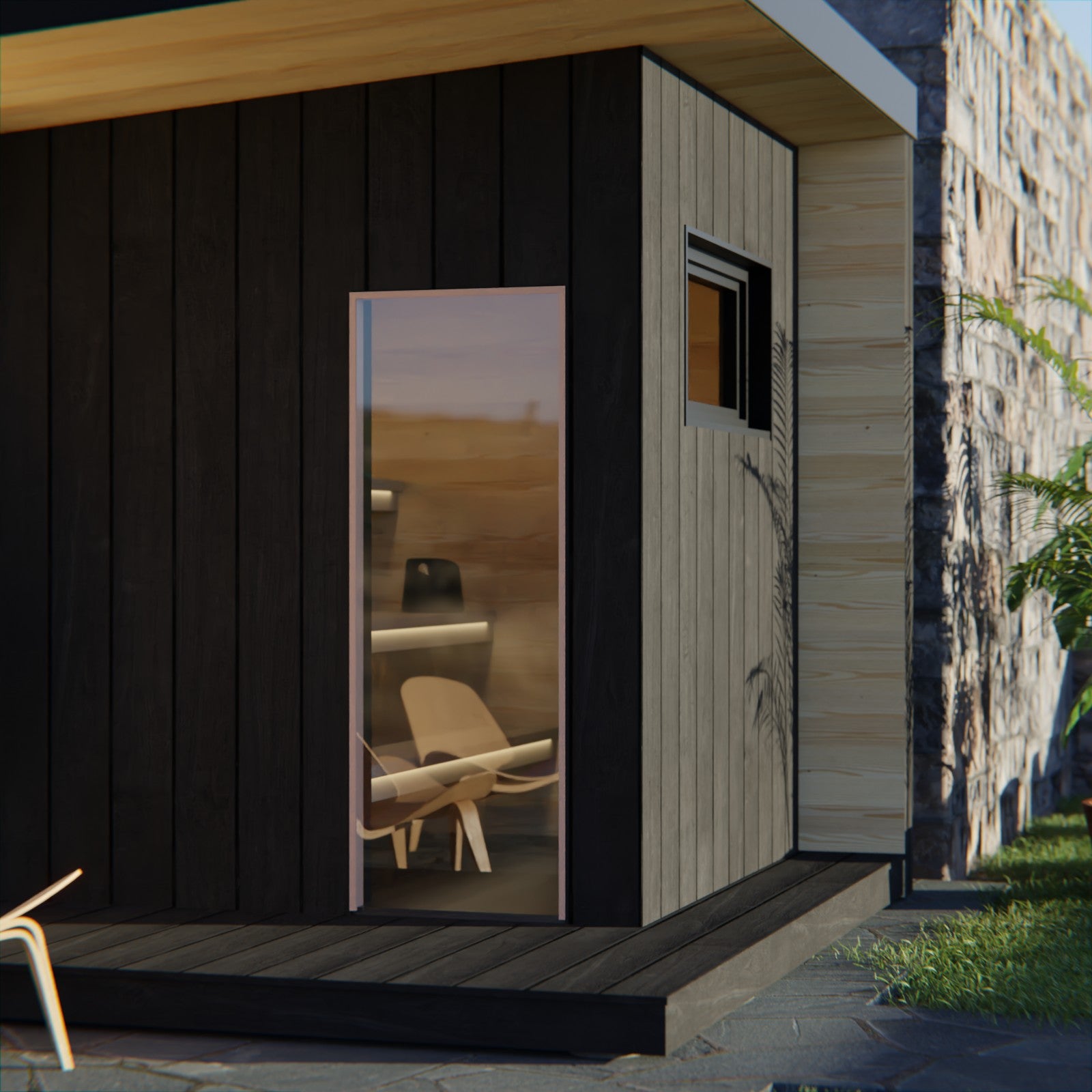 Liv outdoor garden sauna - side view with glass door