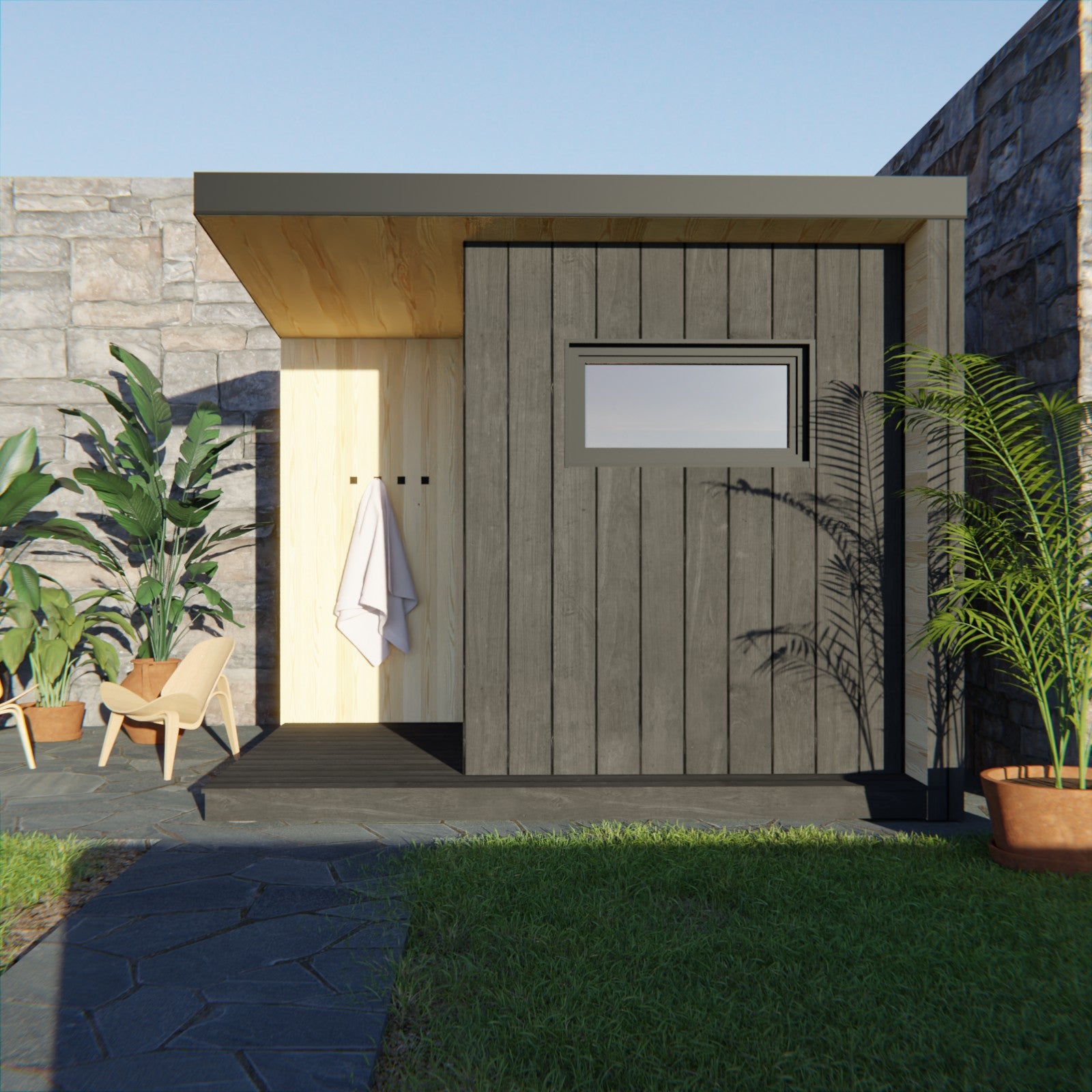 Liv outdoor garden sauna - rear view with wood-fired heater and hot tub