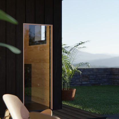 Liv outdoor garden sauna interior - view of wood-fired heater and panoramic window