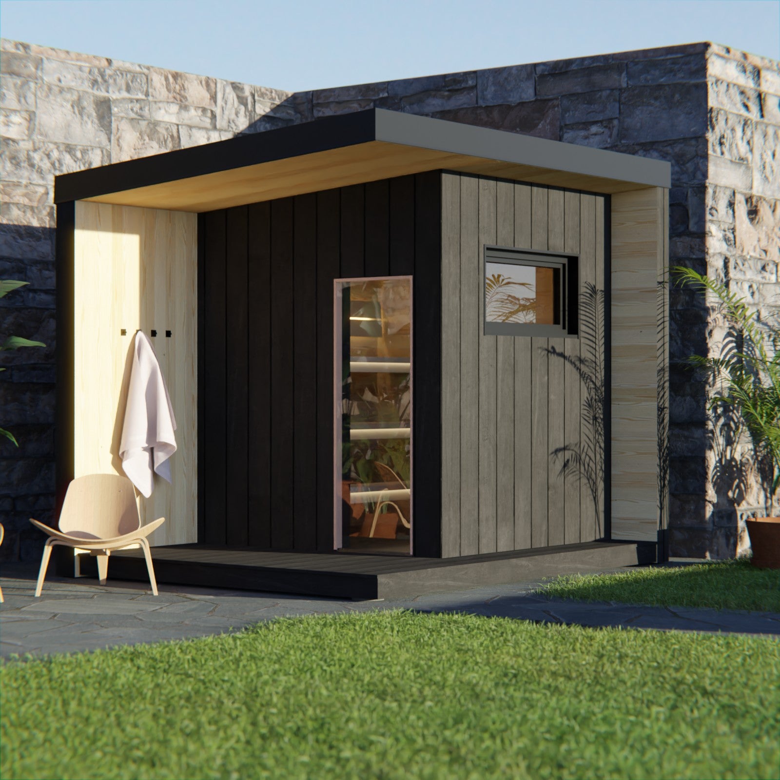 Liv outdoor garden sauna - glass door detail with garden view