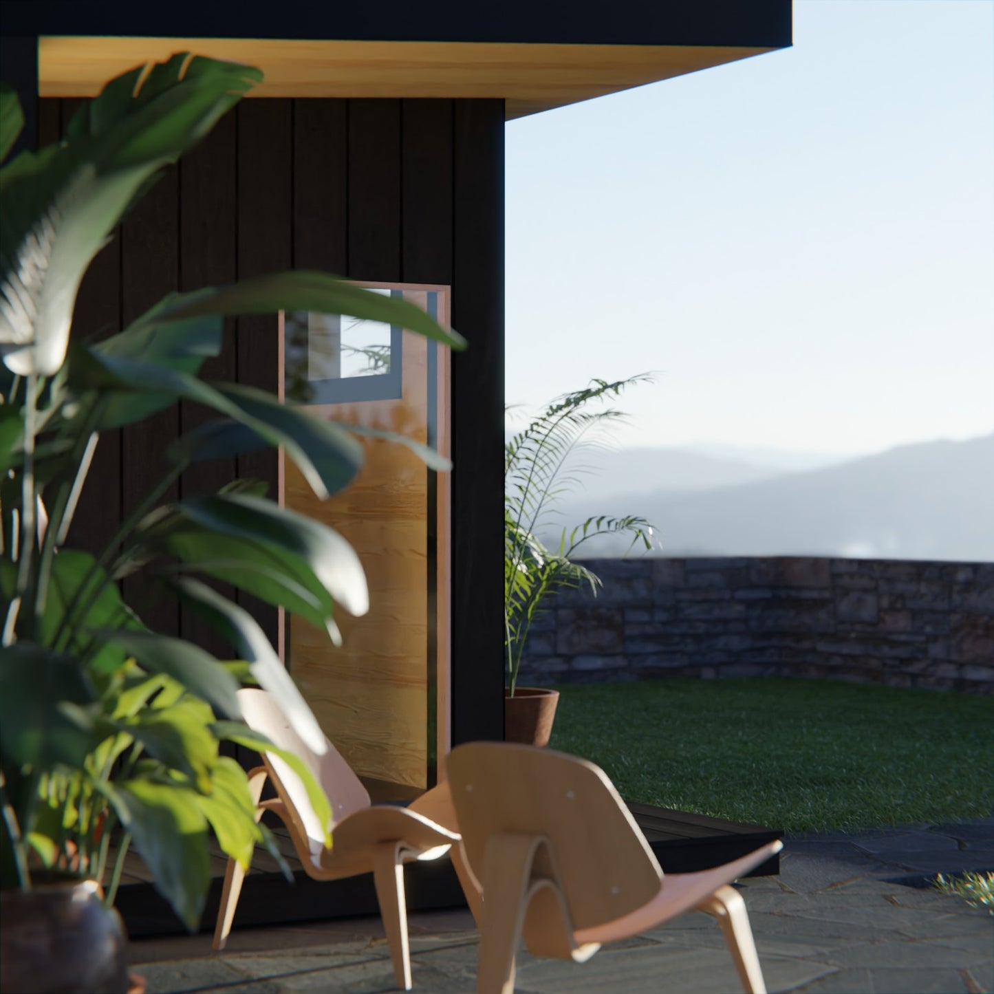 Liv outdoor garden sauna - patio area with chairs at sunset